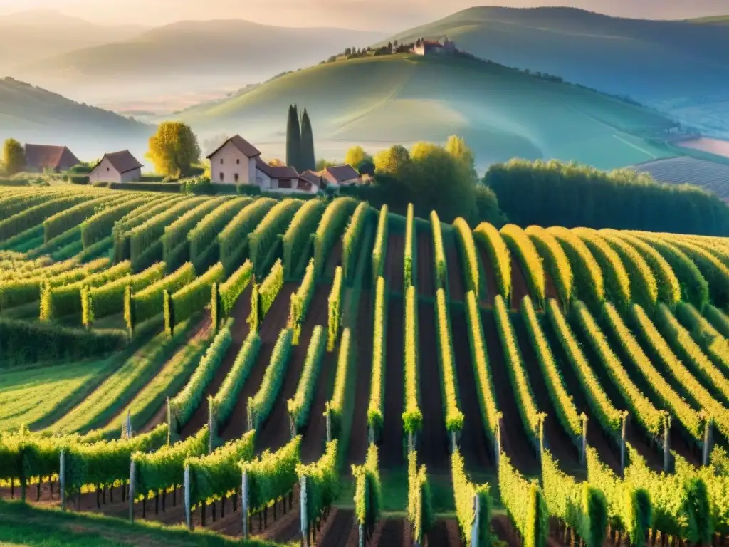 Vista aérea impresionante de los viñedos de Alsacia al atardecer, reflejando los sabores únicos de los vinos Alsacia