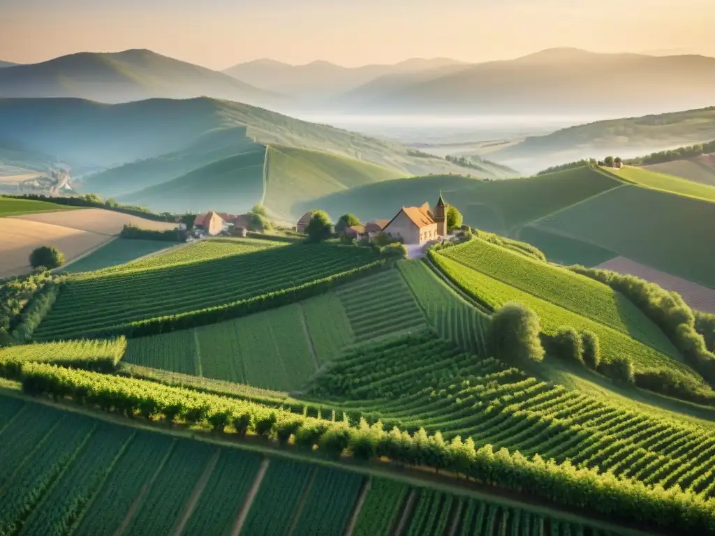 Vista aérea impresionante de viñedos de Alsacia con edificaciones tradicionales, reflejando la esencia de las prestigiosas regiones vinícolas Francia