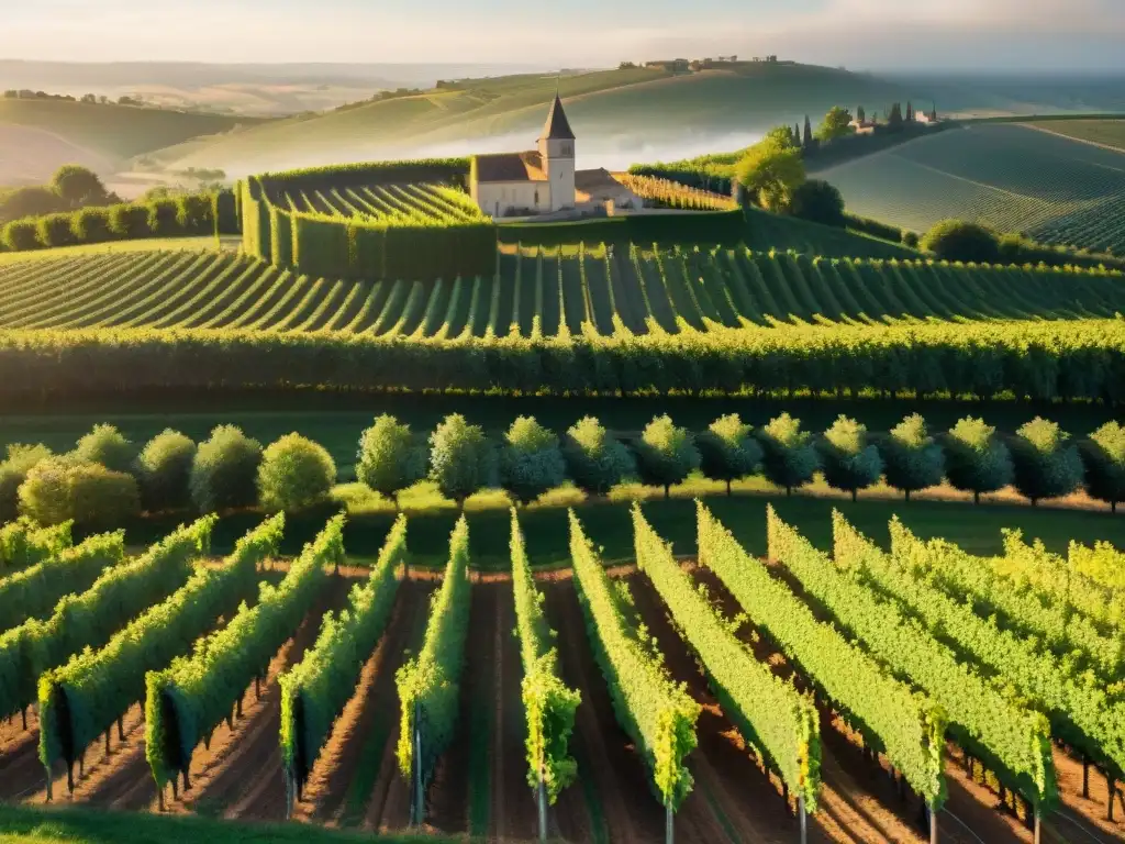 Viñedos dorados de Bordeaux: tradición y encanto francés Vista aérea impresionante de viñedos en Bordeaux, Francia, bajo la cálida luz del atardecer