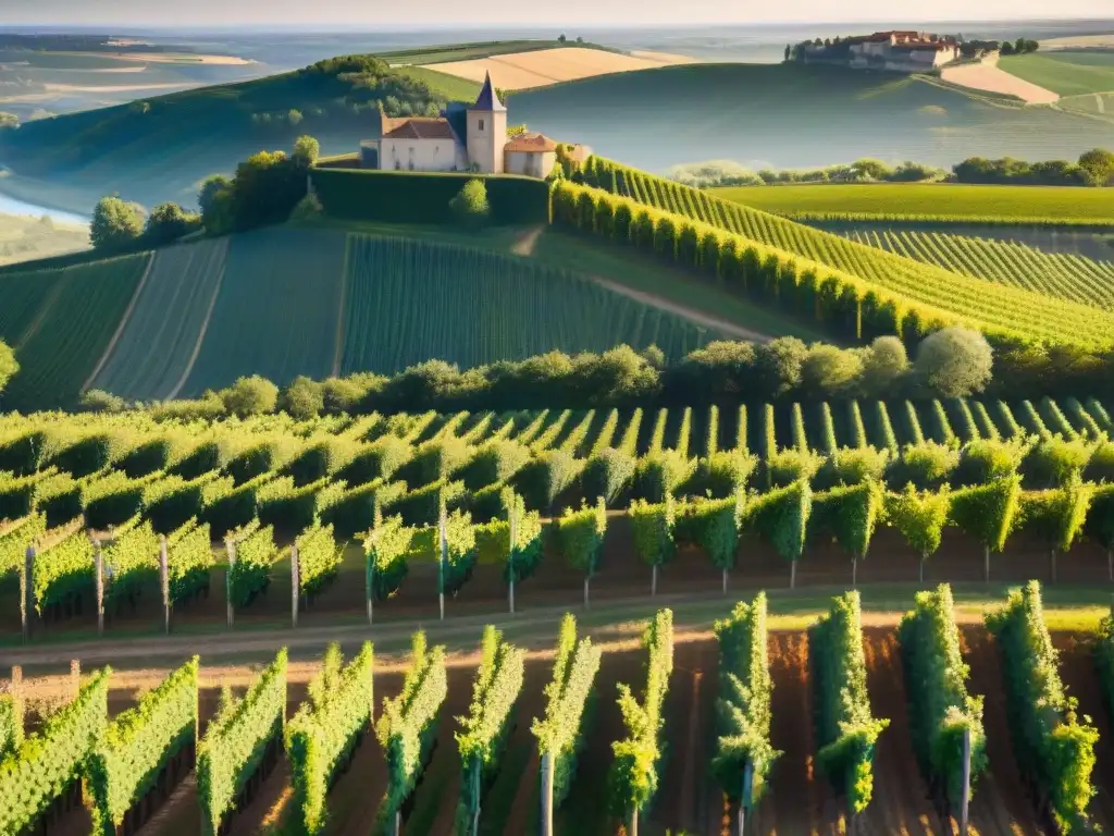 Vista aérea impresionante de viñedos en la región de Burdeos, con chateaus históricos y el río Dordoña