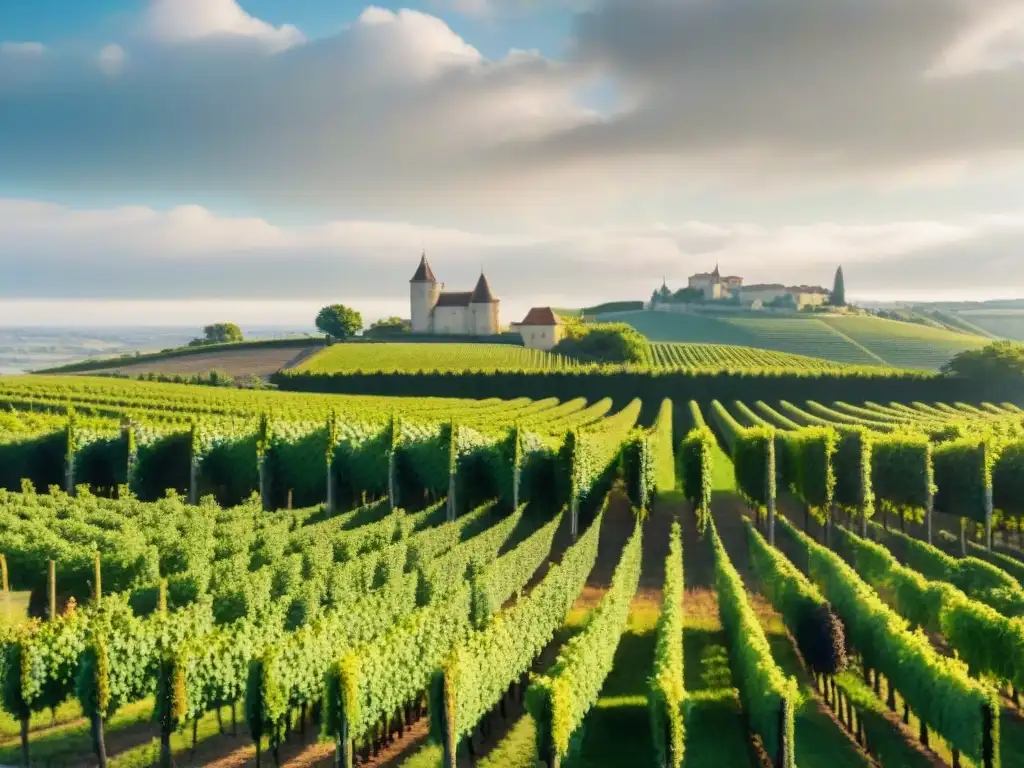 Vista aérea impresionante de viñedos en Bordeaux, Francia, con châteaux icónicos