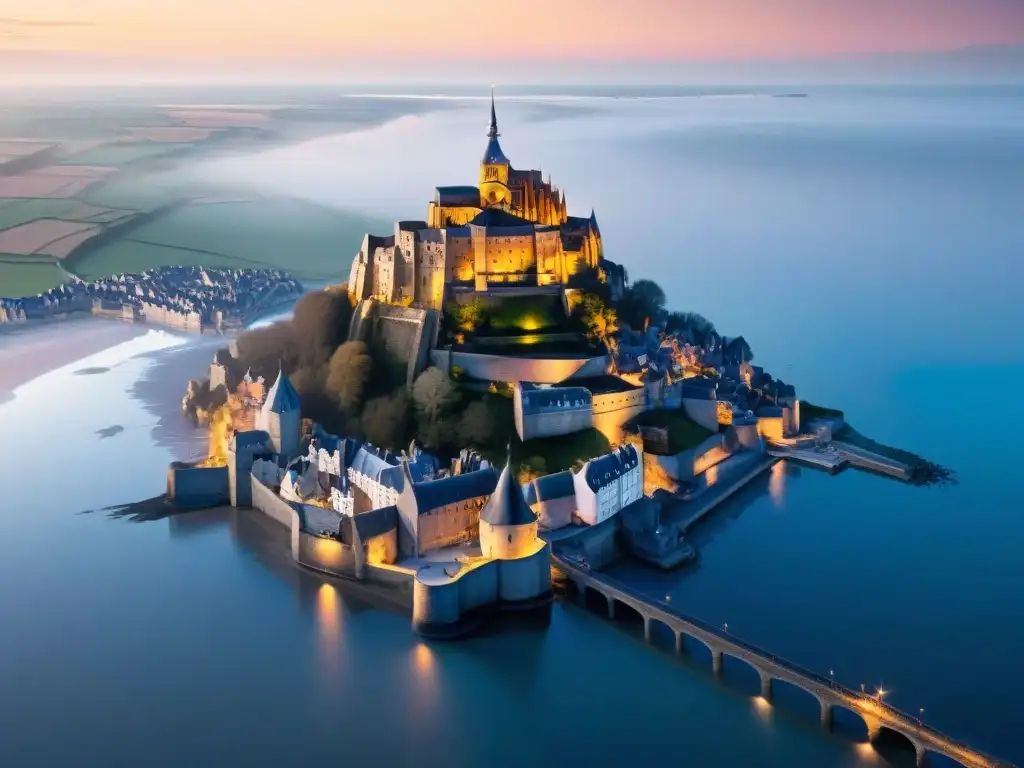 Vista aérea del majestuoso Mont Saint Michel en el Canal de la Mancha al atardecer, destacando su arquitectura y gastronomía francesa