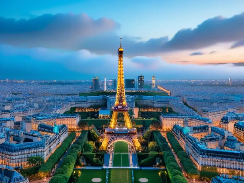 Vista aérea nocturna de la Torre Eiffel iluminada y el río Sena, resaltando los mejores restaurantes con vistas en Francia