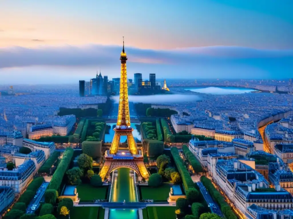 Vista aérea de la icónica Torre Eiffel al anochecer sobre París, con la palabra clave 'Mejores restaurantes con vistas Francia