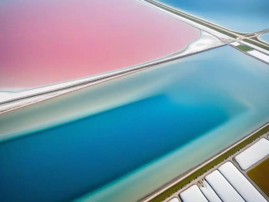 Vista aérea de salinas rosadas en Guérande, Francia, donde se cosecha la 'Flor de Sal' por artesanos