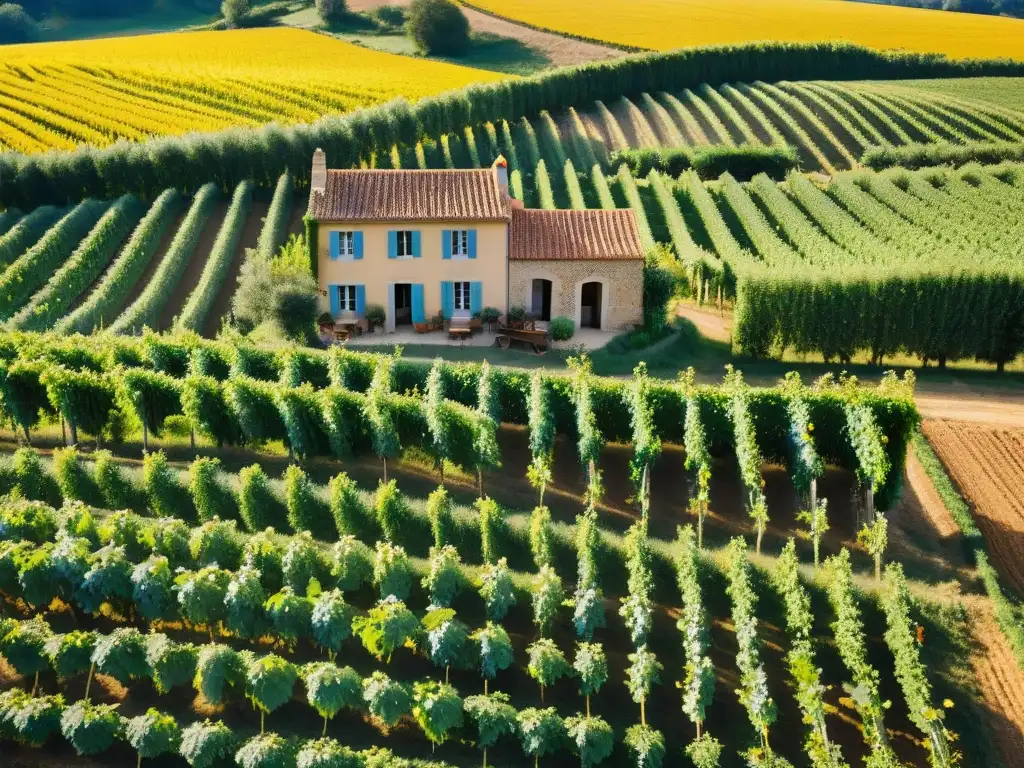 Vista aérea de viñedo francés en colinas, casa de piedra rodeada de girasoles