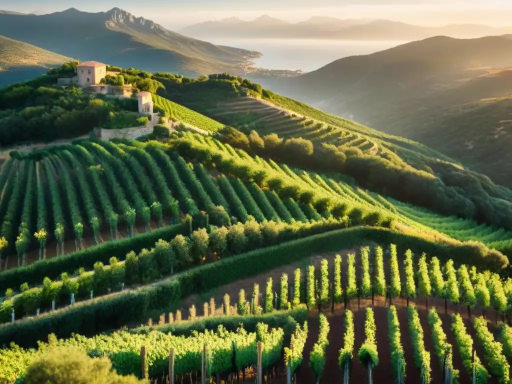 Viñedos dorados en colinas de Corsica: la esencia del vino mediterráneo Vista aérea de viñedos en colinas de Córcega con el sol dorado, Mediterráneo al fondo, sabores únicos gastronomía corsica