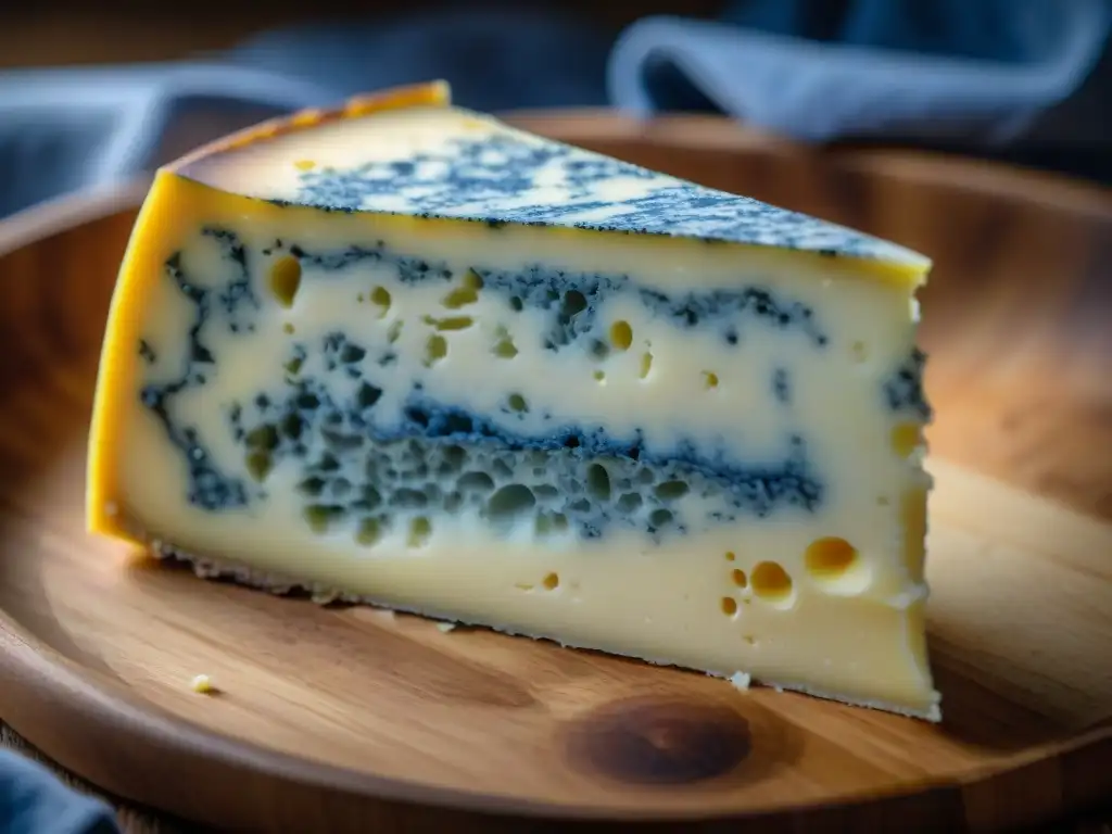 Una vista cercana y detallada de una cuña desmenuzable de queso Bleu d'Auvergne, con vetas azules sobre un fondo de madera rústico