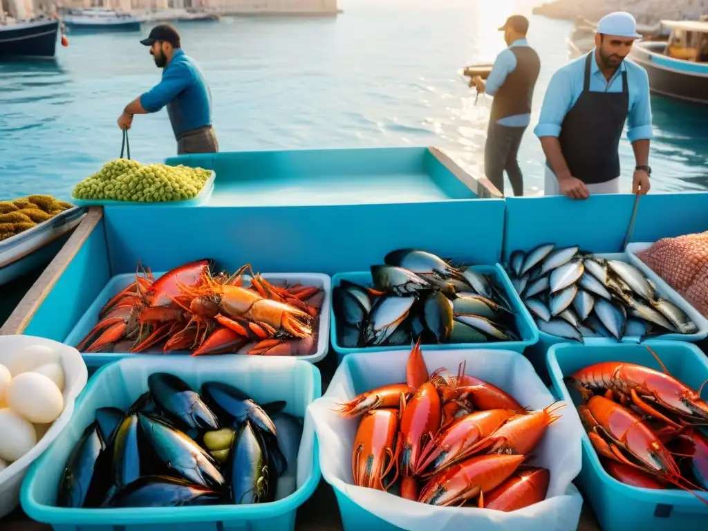 Vista detallada de un animado mercado de pescado en Marsella, Francia, con una auténtica receta Bouillabaisse provenzal