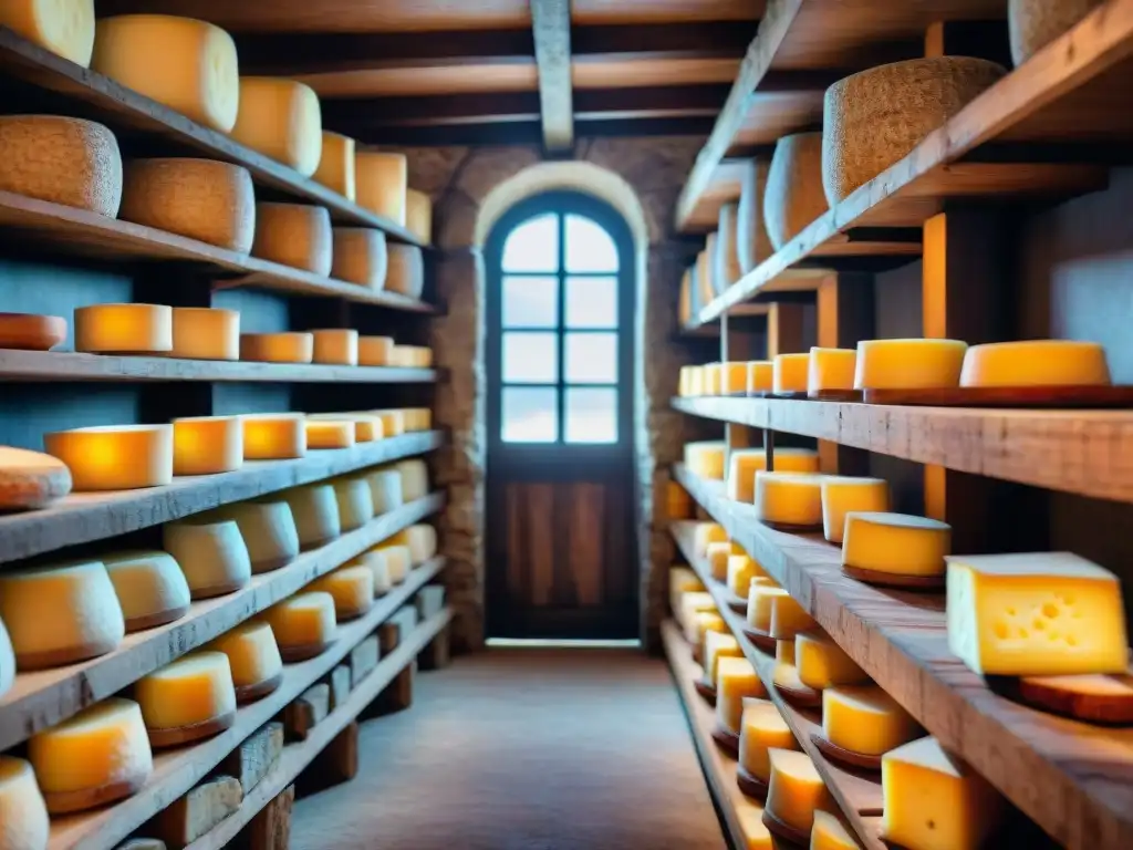 Vista detallada de una bodega de queso francés, con ruedas de queso envejeciendo en estantes de madera