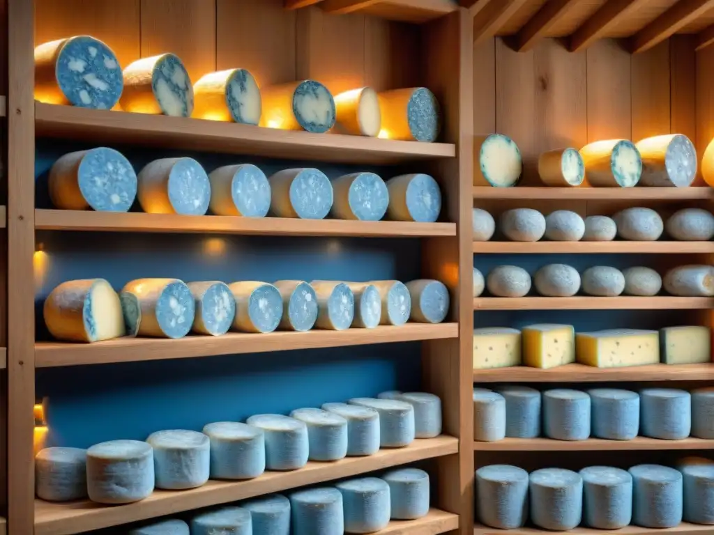 Vista detallada de una bodega de quesos franceses con ruedas de Saint Agur envejecido, destacando las variedades de quesos azules y su sabor único