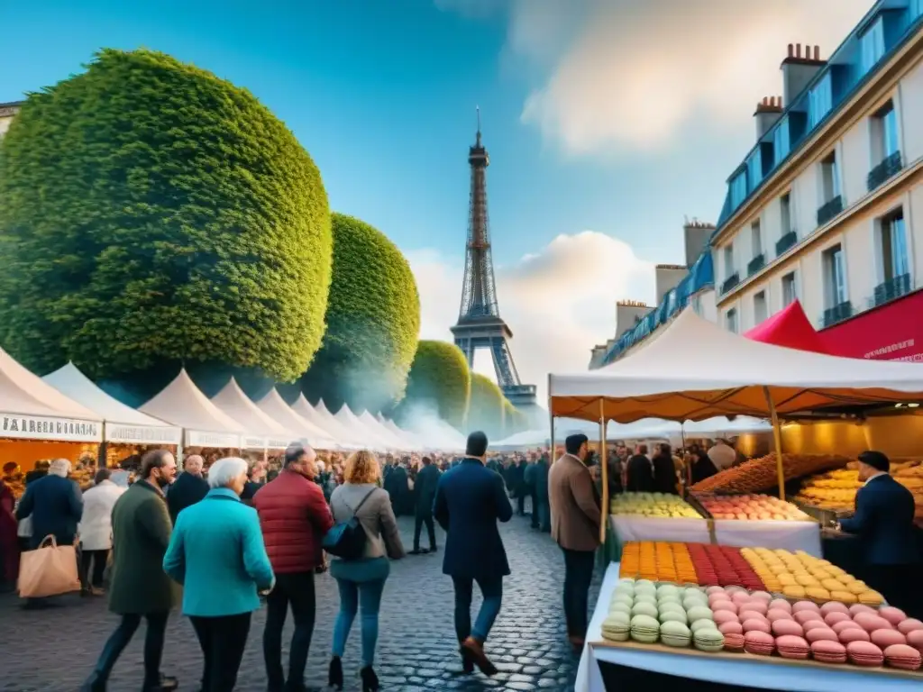 Vista detallada de una bulliciosa feria de comida callejera en Francia, con macarons, croissants, crepes y quesos aromáticos