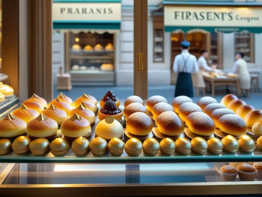 Vista detallada de una bulliciosa pastelería francesa en París con exquisitas delicias y clientes diversos