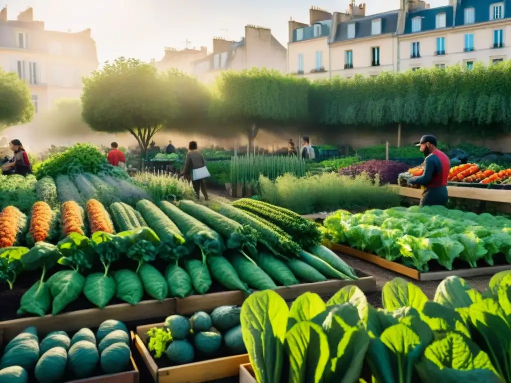 Vista detallada de un bullicioso huerto urbano en Francia, con hortalizas y hierbas coloridas, y personas involucradas en la gastronomía francesa