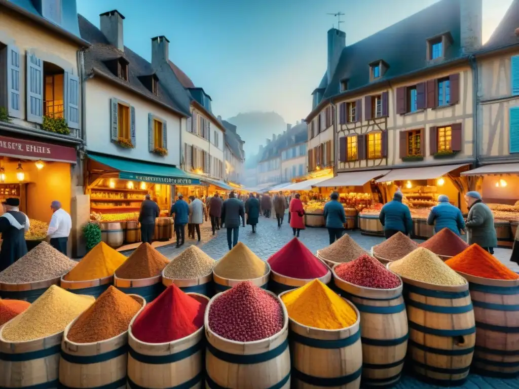 Vista detallada de un bullicioso mercado callejero en Borgoña, Francia, con especias en la cocina de Borgoña en barriles y sacos coloridos