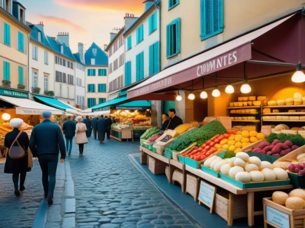 Vista detallada de un bullicioso mercado callejero en Lyon, Francia, reflejando la riqueza gastronómica y cultural francesa