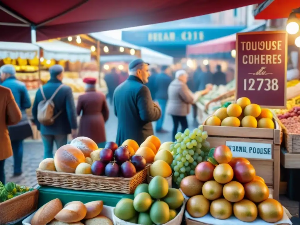 Vista detallada de un bullicioso mercado tradicional en Toulouse, con colores vibrantes y platos típicos