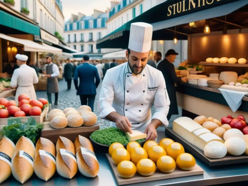 Vista detallada de un bullicioso mercado parisino postrevolucionario, mostrando la transformación de la cocina francesa con lujo y simplicidad