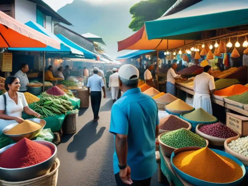 Vista detallada del bullicioso mercado al aire libre en Reunión, mostrando una colorida variedad de especias, frutas exóticas y mariscos frescos