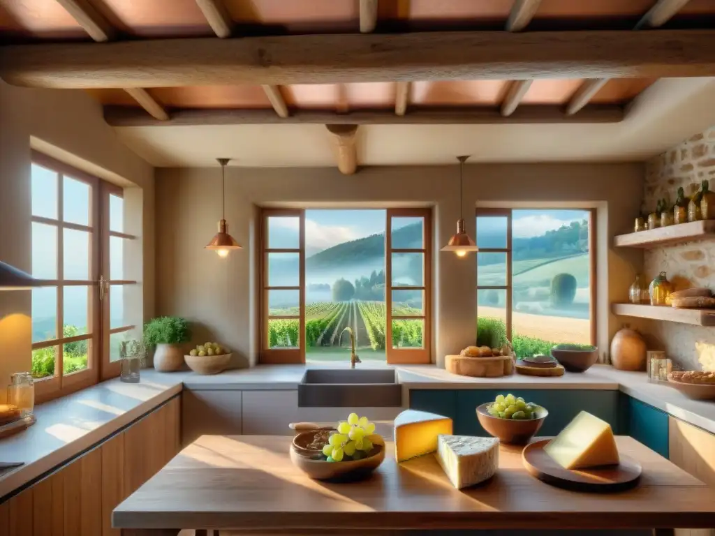 Una vista detallada de una cocina francesa rústica con mesa de madera, quesos artesanales, baguettes, uvas y vinos franceses