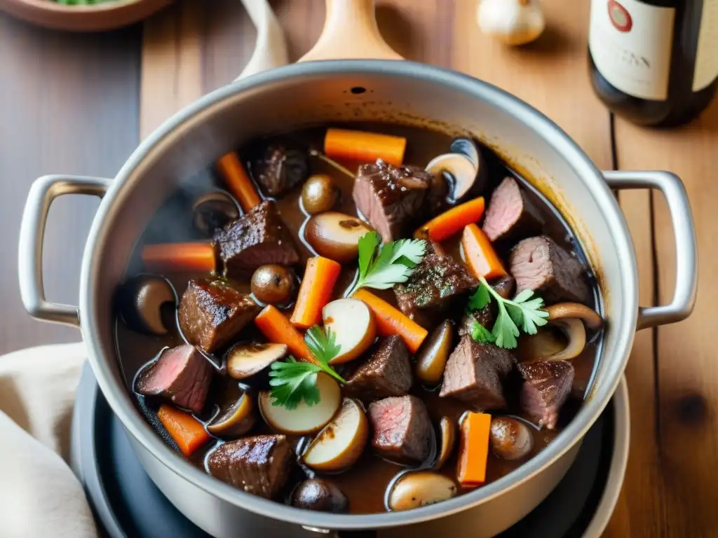 Una vista detallada de un delicioso Boeuf Bourguignon francés tradicional en ebullición