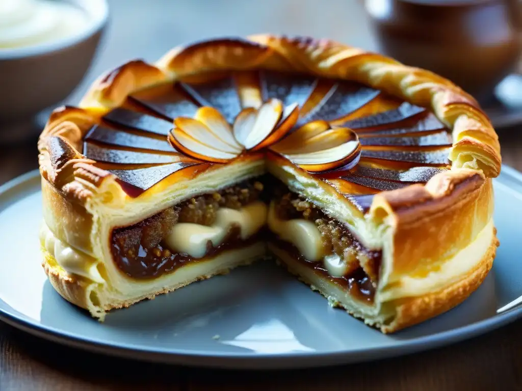 'Vista detallada de una exquisita Galette des Rois: crujiente masa dorada con relleno de almendra