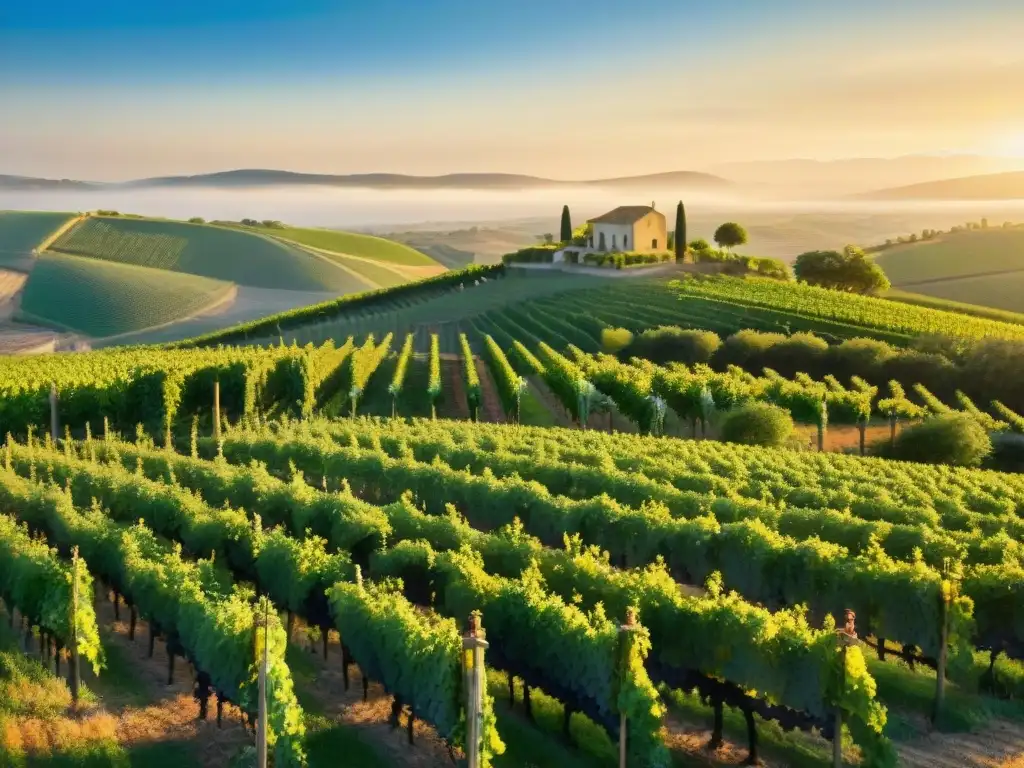 Una vista detallada de un exuberante viñedo francés al atardecer, con variedades de uvas blancas únicas como Viognier, Chenin Blanc y Aligoté