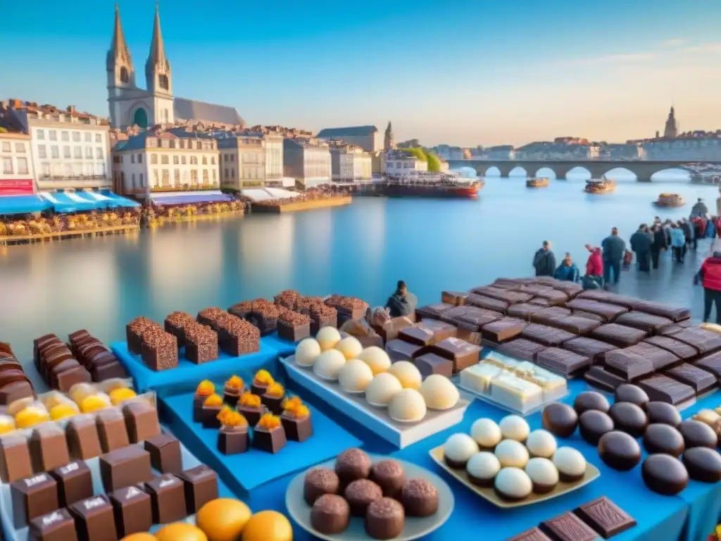 Vista detallada del Festival del Chocolate en Bayona, con coloridos chocolates artesanales y la catedral de fondo, bajo un cielo azul