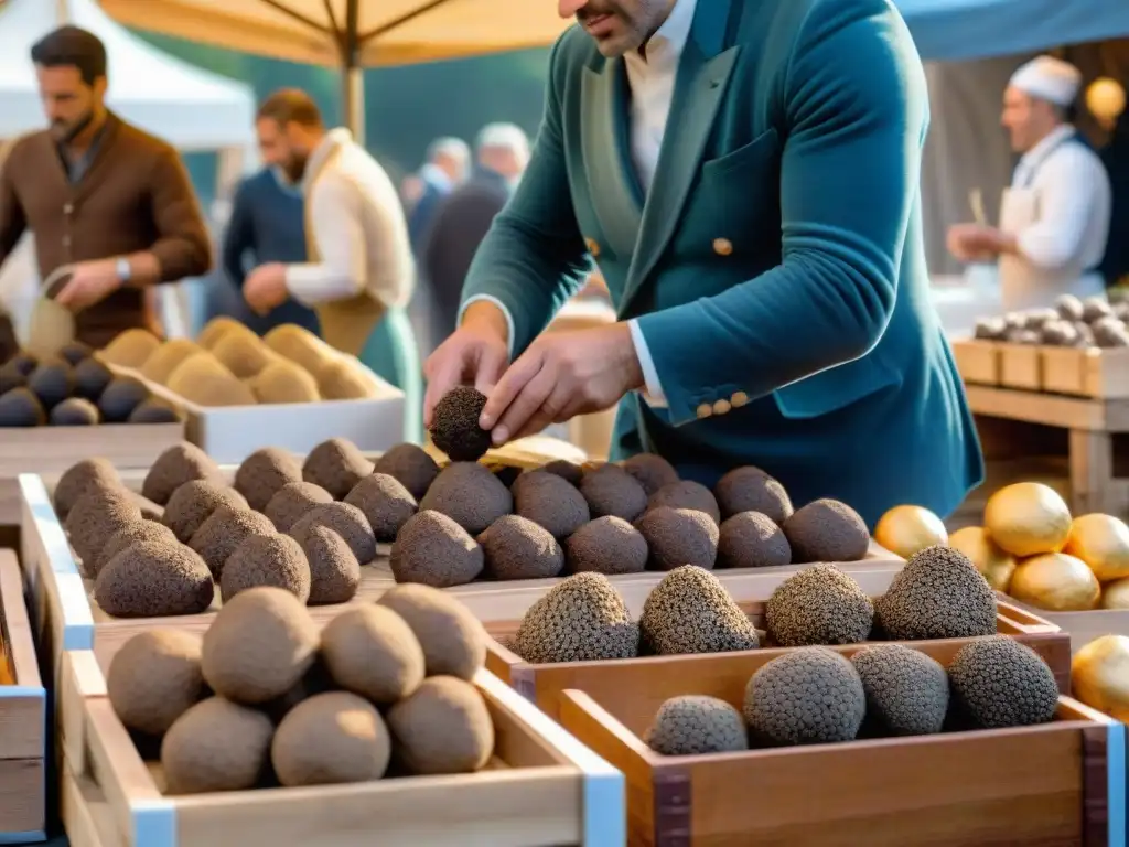 Vista detallada del mercado de trufas negras en Francia, con chefs y compradores examinando el 'oro negro' bajo la luz matutina