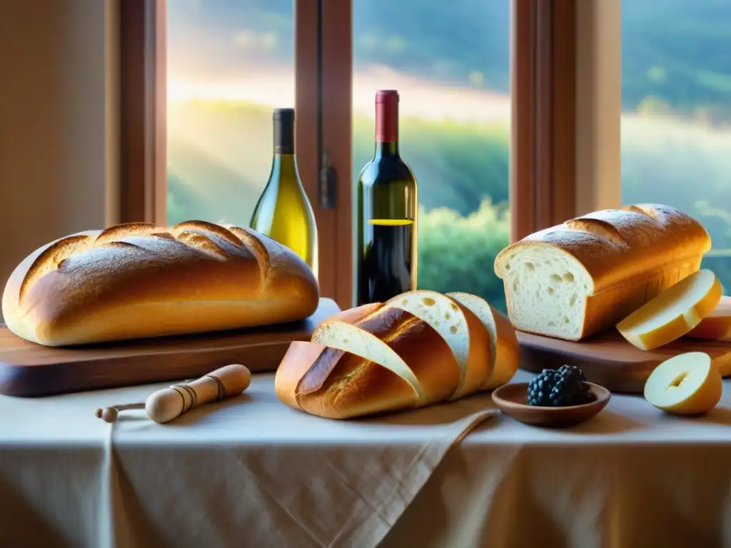 Delicias francesas: pan artesanal y vino de Francia Vista detallada de mesa rústica con pan francés artesanal y vinos de Francia