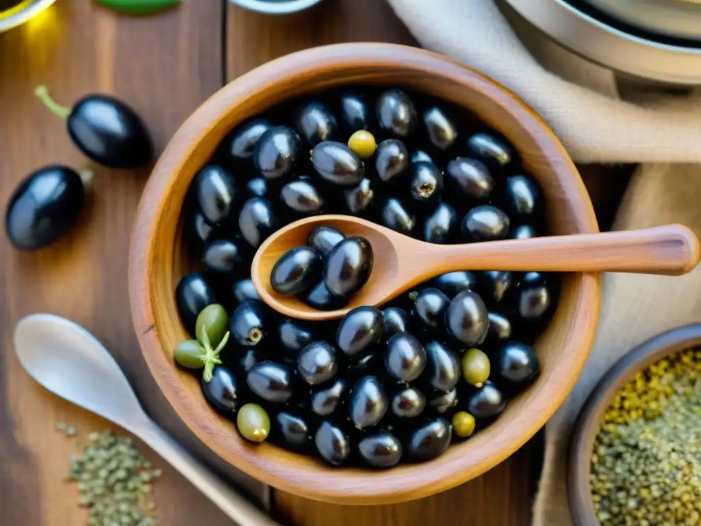 Una vista detallada de un mortero de madera tradicional lleno de ingredientes para la receta tradicional de tapenade provenzal