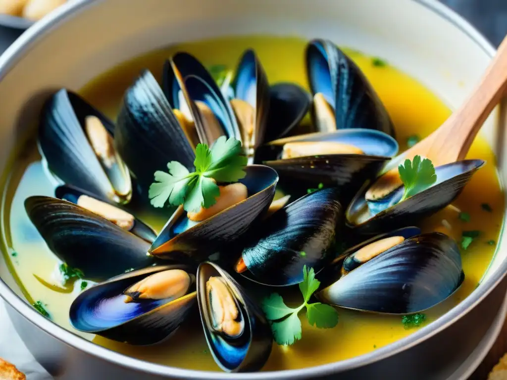 Deliciosas moules marinières: un festín visual Una vista detallada de una olla humeante con mejillones estilo francés recién cocidos