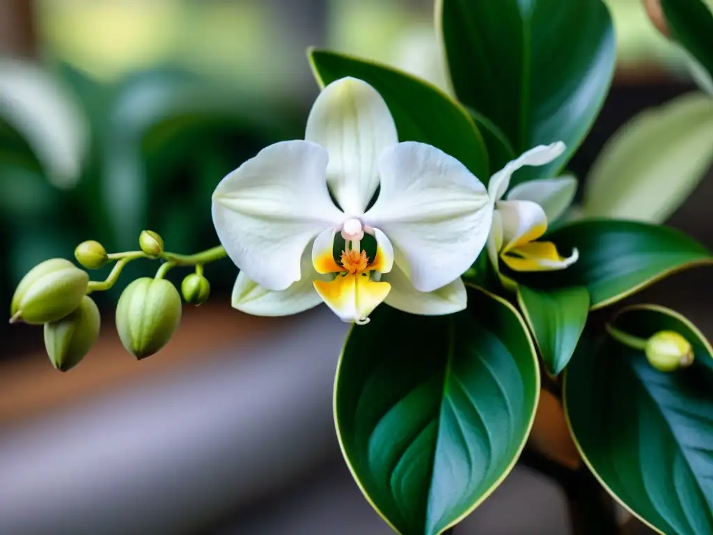 Una vista detallada de una orquídea de vainilla en flor, resaltando su estructura delicada