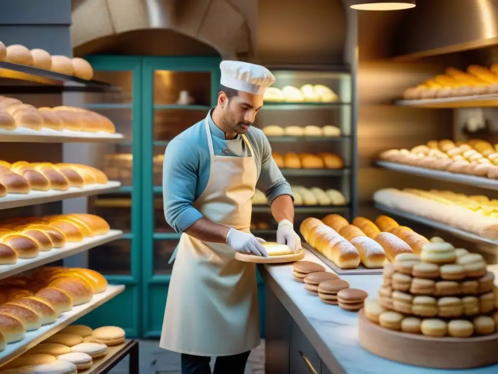 Vista detallada de una panadería francesa al amanecer, con un panadero formando una baguette perfecta