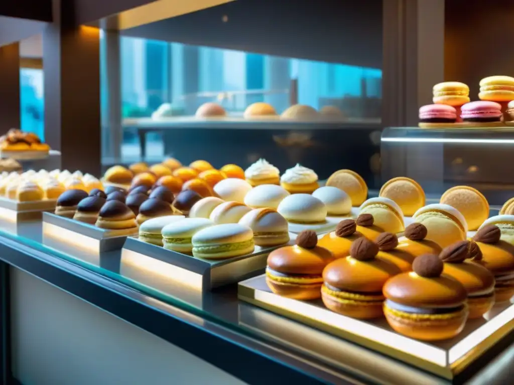 Vista detallada de una pastelería francesa bulliciosa con exquisitas creaciones pasteleras