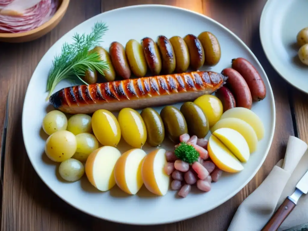 Una vista detallada de un plato tradicional de Alsacia, Choucroute garnie, en una mesa de madera rústica