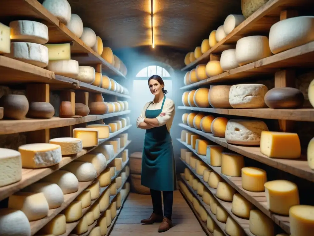 Vista detallada de quesos en bodega tradicional francesa, reflejando técnicas quesería francesa tradición innovación