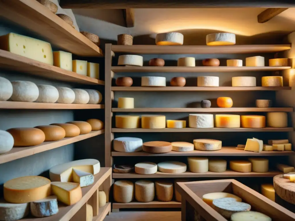 Una vista detallada de quesos franceses envejeciendo en una bodega, capturando la esencia de la fermentación en la gastronomía francesa