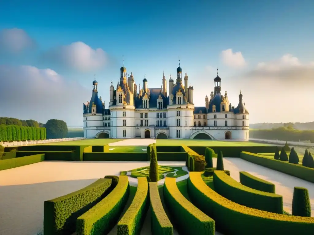 Vista detallada del Château de Chambord rodeado de viñedos, reflejando la luz del sol en la región de la Gastronomía francesa platos tradicionales