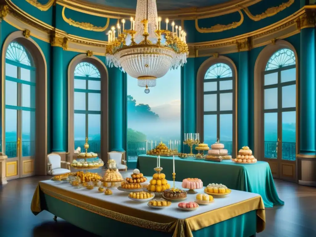 Vista detallada de salón de Versalles en época de Marie Antoinette, con lujosa mesa de postres franceses