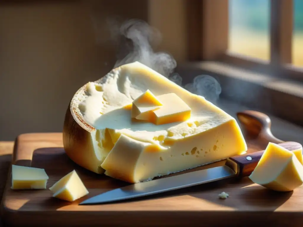 Una vista detallada de una tabla de cortar rústica con mantequilla fermentada de tono dorado cremoso y un cuchillo antiguo al lado