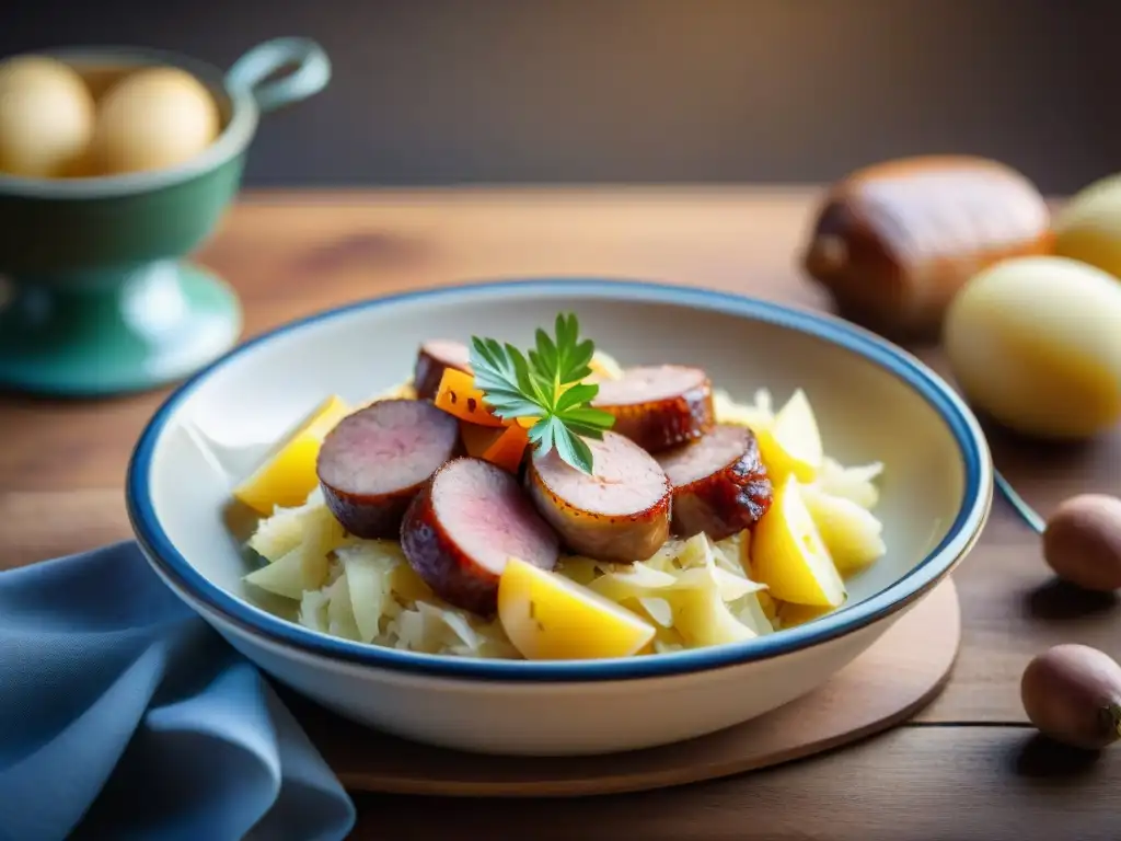 Una vista detallada de una tradicional choucroute garnie alsaciana en plato cerámico