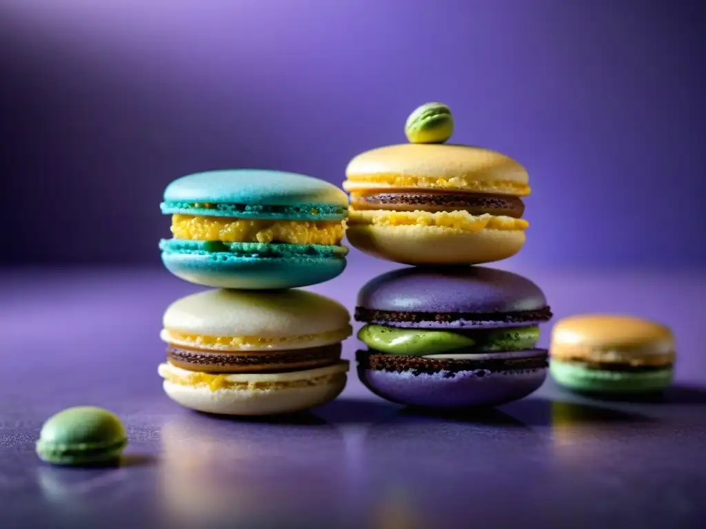 Una vista detallada de una variedad de macarons franceses con combinaciones innovadoras, texturas y colores exquisitos