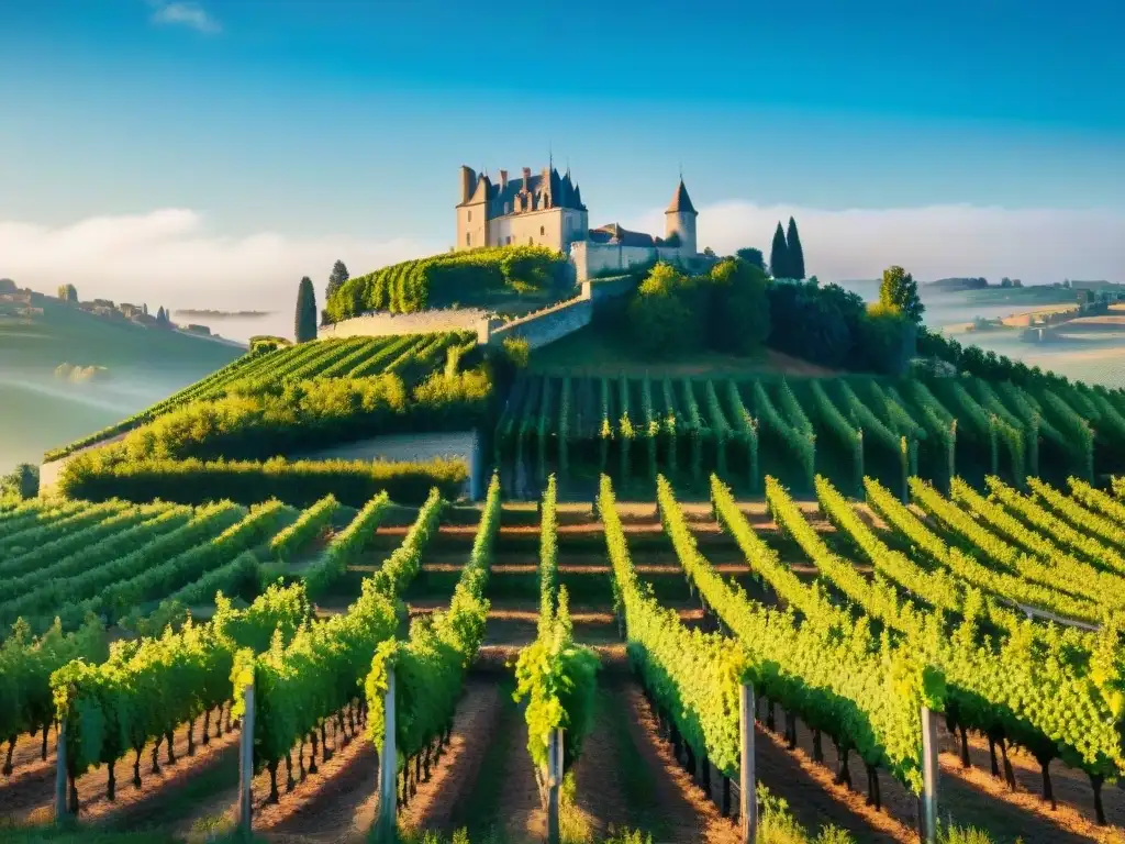 Vista detallada de una viña en Francia con viñedos verdes y un château histórico