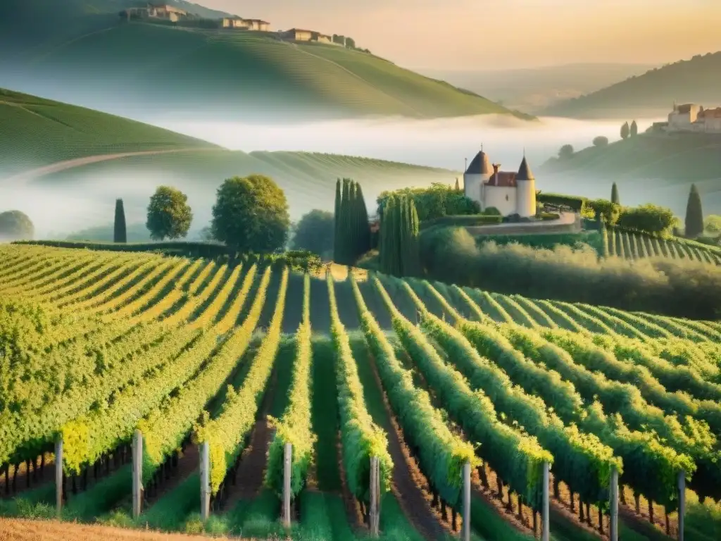 Vista detallada de un viñedo francés acogedor al atardecer, con filas de vides verdes bajo un cielo dorado