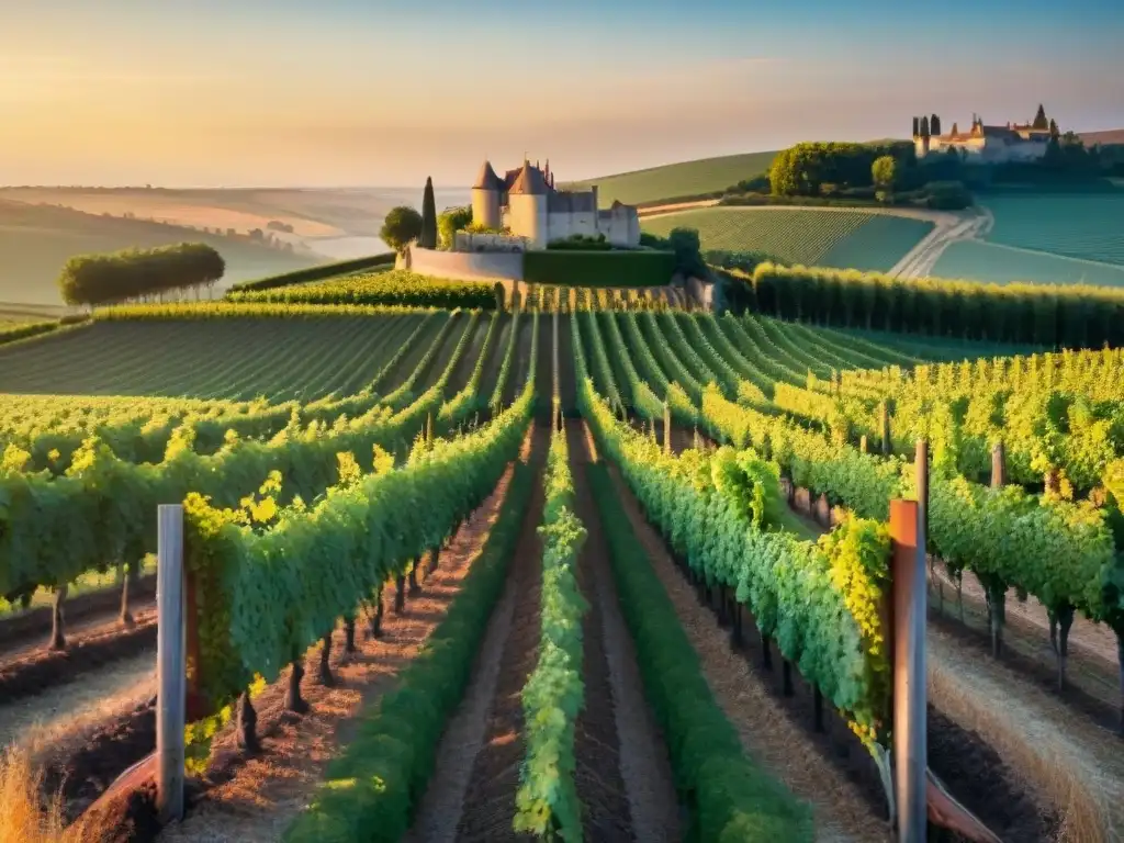Viñedo francés al atardecer: tradición y belleza en cada racimo Vista detallada de un viñedo en Francia al atardecer, con vides verdes y un château tradicional