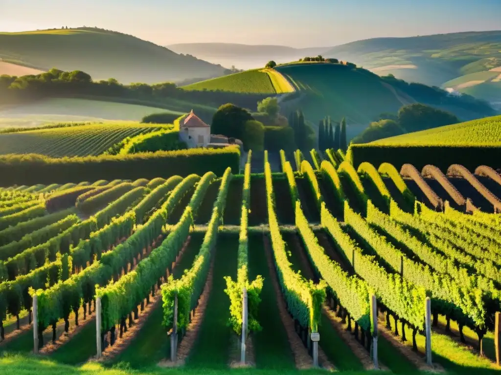 Vista detallada de viñedo francés al atardecer, resaltando el patrimonio gastronomía francesa terroir