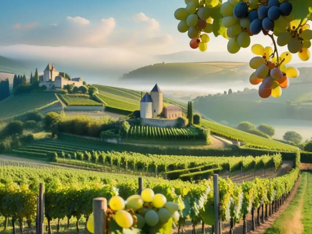 Vista detallada de un viñedo en la campiña francesa con vides cargadas de uvas maduras bajo la luz dorada, evocando vinos blancos dulces franceses