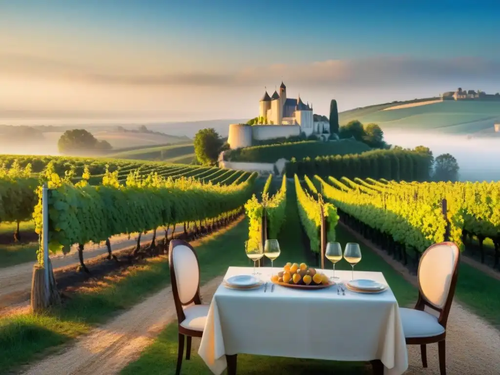 Vista detallada de un viñedo en la campiña francesa al atardecer con un chateau al fondo y comensales disfrutando de foie gras y vino