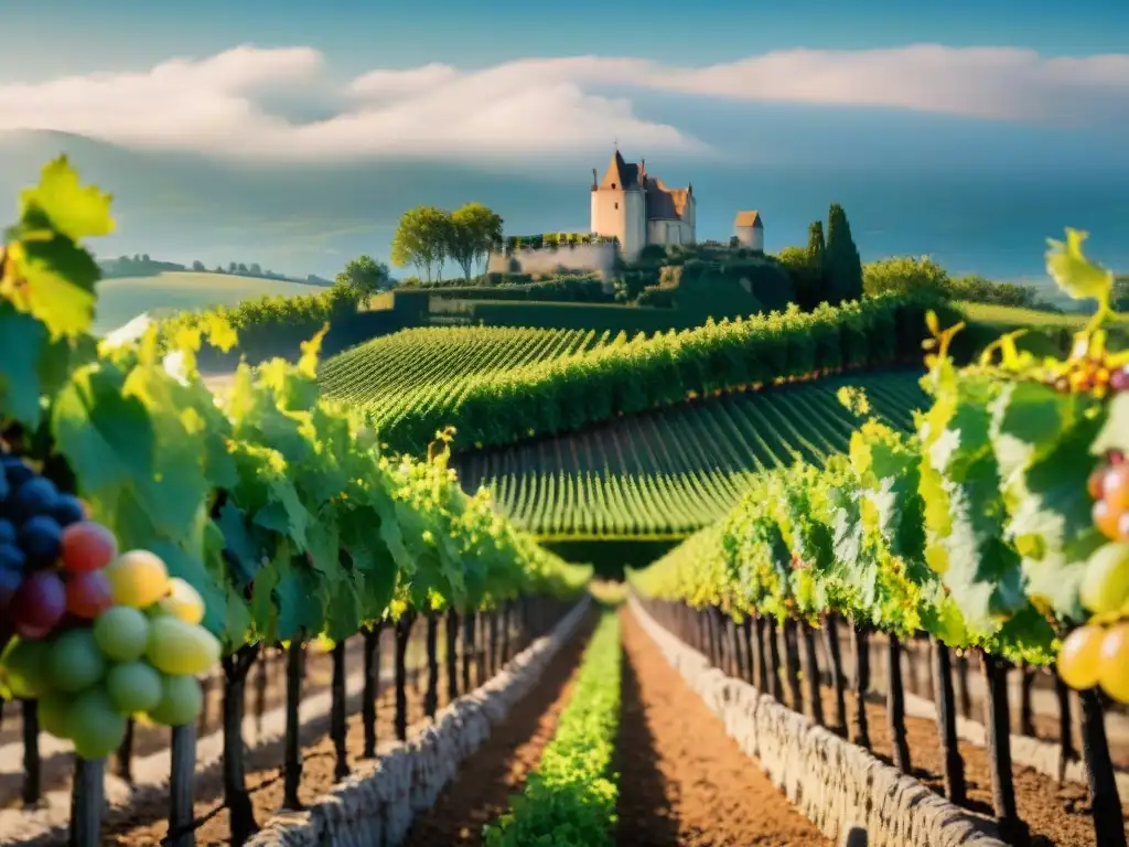 Viñedo francés: terroir y chateau bajo el sol Vista detallada de viñedo francés con diversidad de suelos influenciando el vino